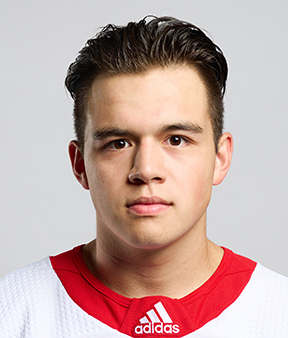 Hockey player mug shot. The player is wearing a white jersey with red trim.