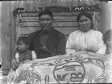 A black and white photo from decades ago shows a man and woman with children. They have a woven blanket on their laps.