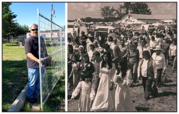 A man installs fencing around unmarked graves at Lac Ste Anne. Also, an archival photo of people being led by a man holding a large cross.