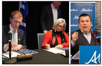 Two photos: At left, a man and a woman sit at a table and sign documents.  At right a man shouts into a mic at a podium.