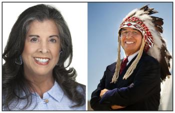 Two photos: A woman on the left with long dark hair. It's a head and shoulders shot.She is smiling. On the left is a man in a dark suit. He wears a feathered headdress. He is smiling.