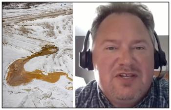 At left, a brownish-coloured liquid seeps from over a snow-covered landscape. At right, a man who wears headphones is seen.