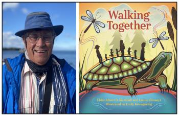 Two photos: At left a man looks into the camera smiling. He wears a blue hat and coat. At right is an illustration of a turtle. Silhouettes of small people walk on its back. Dragonflies, trees and bullrushes surround them.  