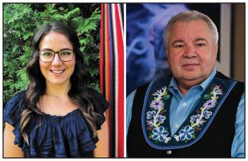 Two formal head and shoulders shots. One of a young woman with a Metis sash hanging beside her and one of a man who vest is beaded around the collar.