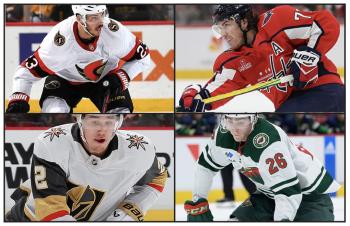 Four photos of NHL hockey players on the ice in action in their uniforms.