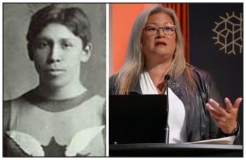 Two photos: At left is a black and white photo of a young man wearing a runners jersey. At right is a woman speaking at a lectern.