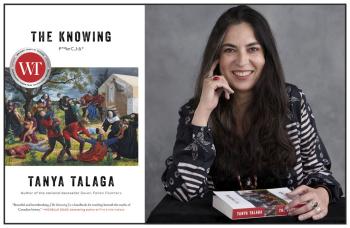 A book cover photo and an author photo of a woman sitting with her book on her lap.