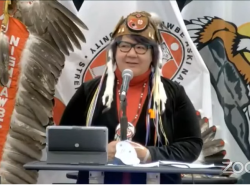 National Chief RoseAnne Archibald is seen at a podium.