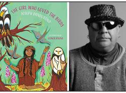 Two photos. At left an illustration. A little girl with long braids wearing a woven cedar head band kneels in the forest. An owl perches on a stump and an eagle on a tree branch. The girl has flowers around her. At right a man in a hat wearing dark sunglasses is photographed.