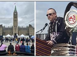 Two photos: At left a photo of Parliament Hill in Ottawa where people are gathered on the lawn and by the sacred fire. At right a photo of a man speaking at a podium beside an eagle staff with a logo of the Chiefs of Ontario on it.