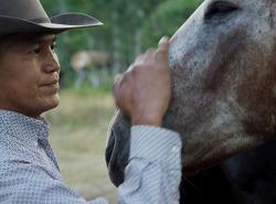 A man wearing a cowboy hat rubs the muzzle of a horse.