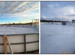 Two photos, both showing disrepair of an outdoor ice rink, including grafitti over the boards..