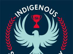 The logo for the Indigenous Sports Academy shows a blue bird with its wings spread out and up with a red trophy above its head.