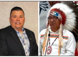 Two photos: On the left is a man in a dark suit. On the right is a man in a white shirt wearing a feather headdress.