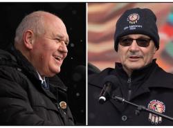 Two photos of two men each addressing people while at an outdoor podium.