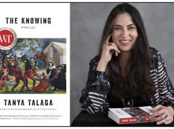 A book cover photo and an author photo of a woman sitting with her book on her lap.