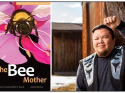 Two photos: At left a bumblebee sits on a big pink flower. At right, the author leans against a carved wood house post.