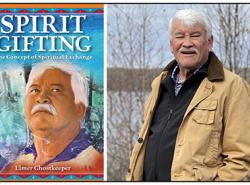 Two photos: At left is the book cover of Spirit Gifting. It has an artist's rendering of the author on it. At right is a photo of the author out among the trees near a body of water.