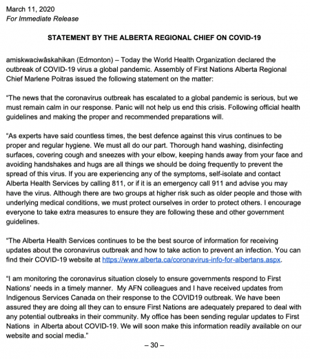 Statement from Alberta AFN Regional Chief: March 11