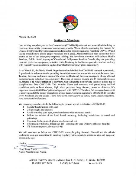 Alexis Nakota Sioux First Nation Notice March 11