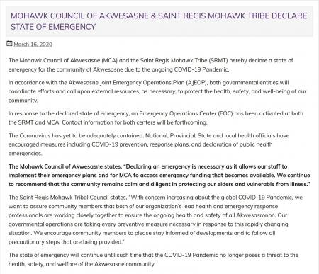 The Mohawk Council of Akwesasne and the Saint Regis Mohawk Tribe state of emergency
