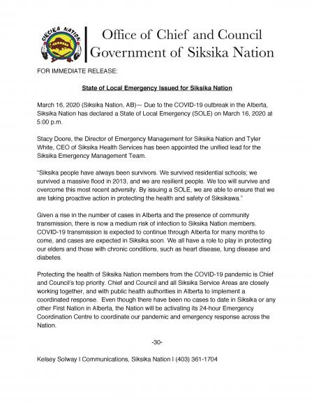 State of Local Emergency issued for Siksika Nation March 16